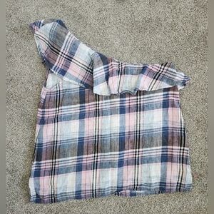 Cloth & Stone One Shoulder Plaid Ruffle Top Size Large Linen Blend